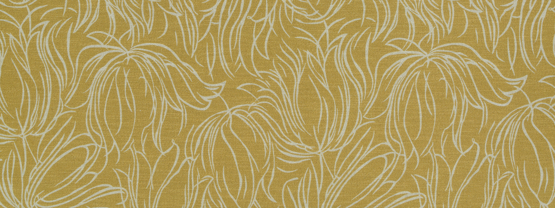 Brass-colored upholstery fabric with a white Tulip Etch botanical line pattern and textured weave.