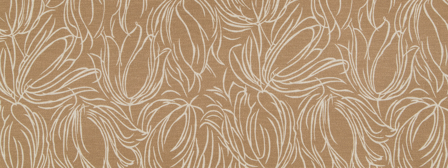 Tan linen-look upholstery fabric with a white tulip-etch pattern; botanical print for home decor