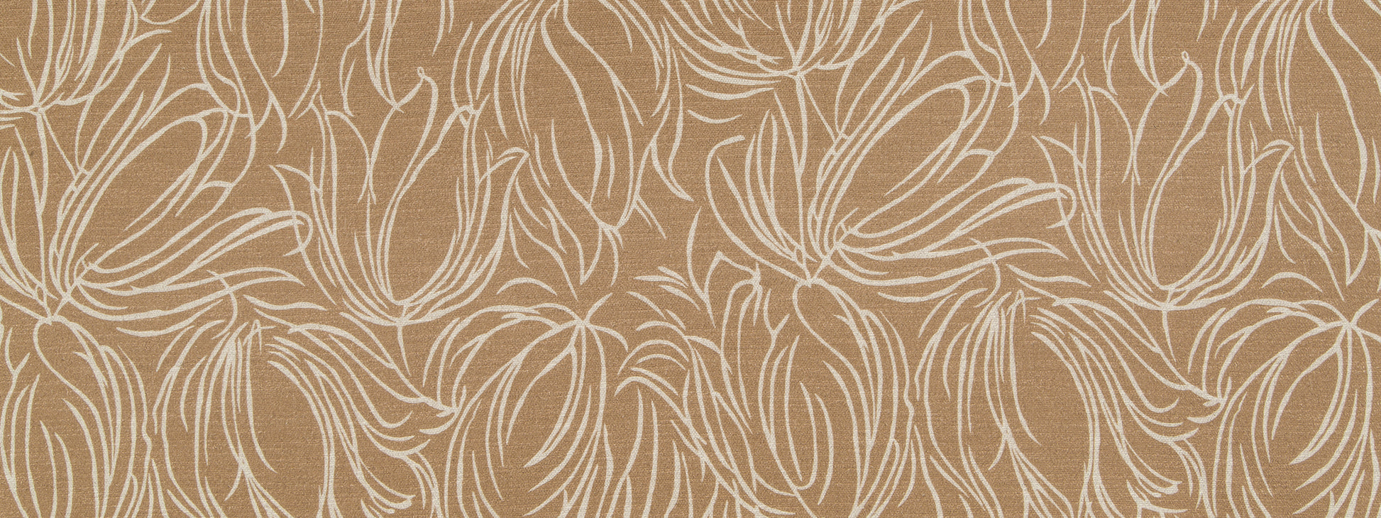 Tan linen-look upholstery fabric with a white tulip-etch pattern; botanical print for home decor