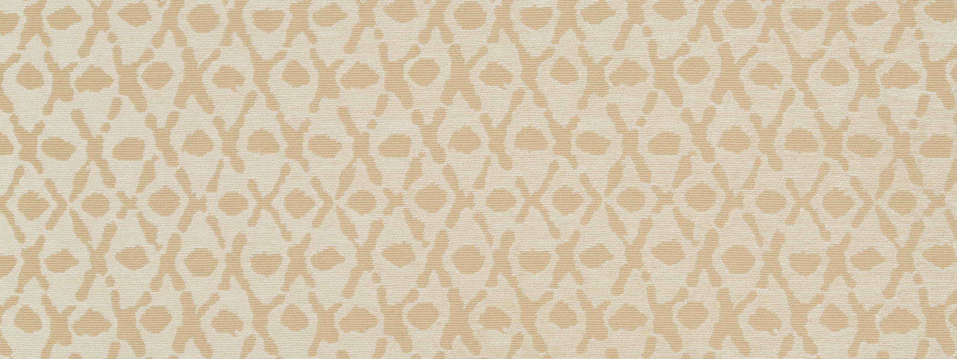Cream-beige fabric pattern with repeating interlocking oval motifs in soft taupe, damask-style upholstery fabric.