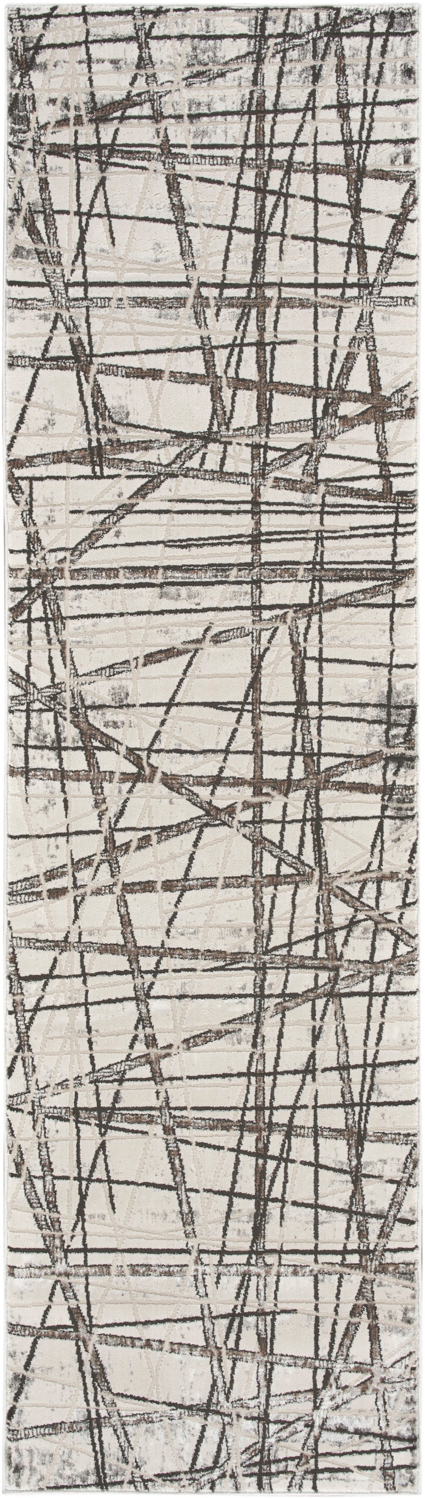Beige textured rug with crisscross dark brown lines forming an abstract geometric pattern; rustic contemporary.