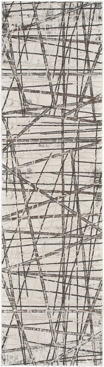Beige textured rug with crisscross dark brown lines forming an abstract geometric pattern; rustic contemporary.