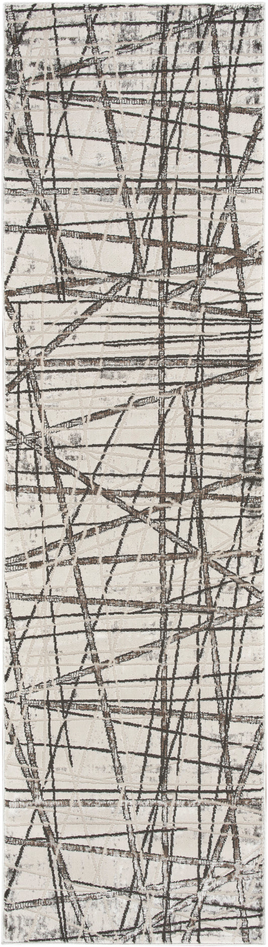 Beige textured rug with crisscross dark brown lines forming an abstract geometric pattern; rustic contemporary.