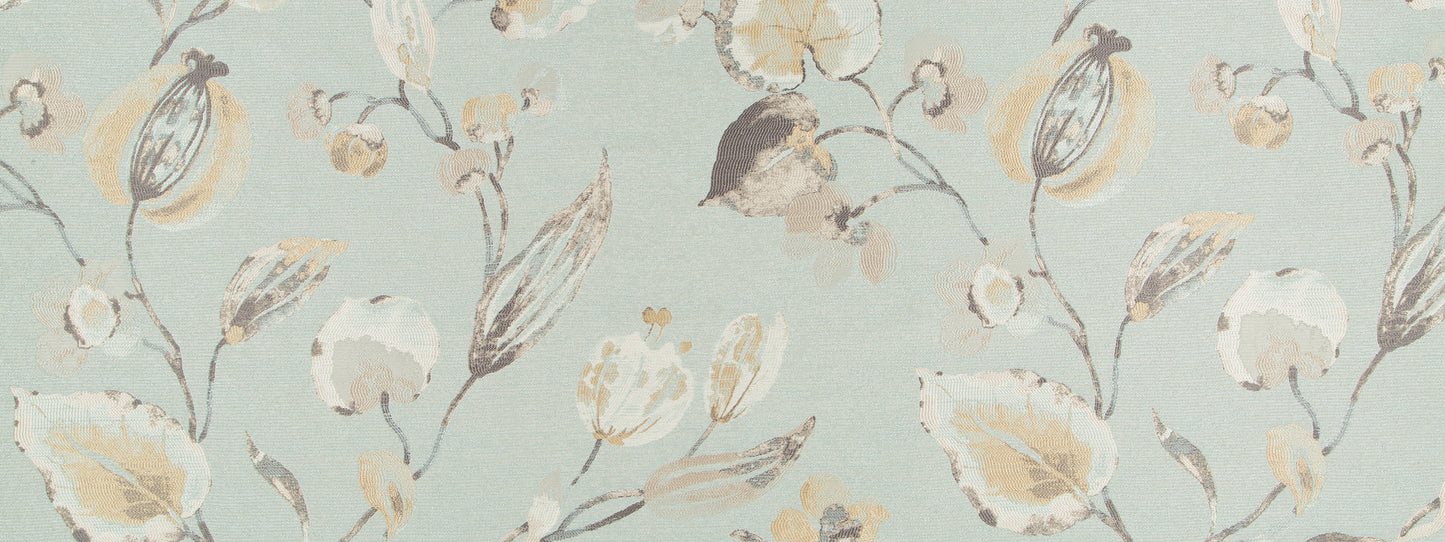 Pastel blue background with cream-beige floral botanical pattern; vintage-style print on upholstery fabric.