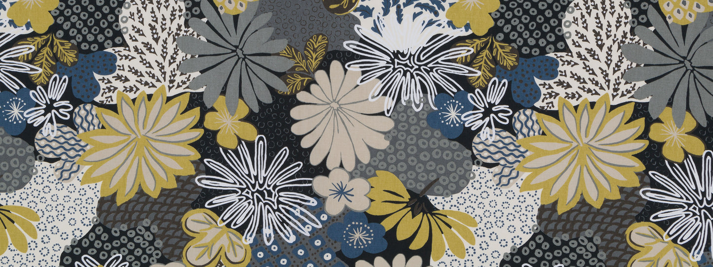 Floral fabric pattern with large yellow, white, blue and gray flowers on a dark background; modern botanical print.