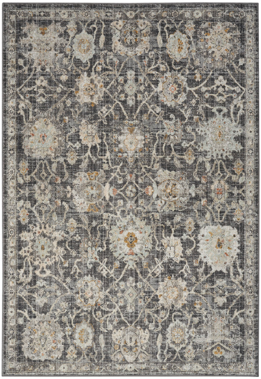 Rectangular vintage-style area rug with gray distressed background & ivory floral motifs with amber accents.