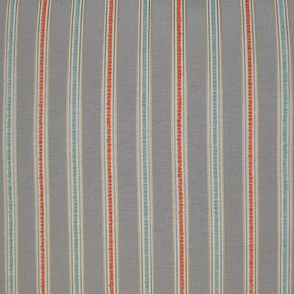 Grey pillow with vertical teal blue & orange dotted stripes.