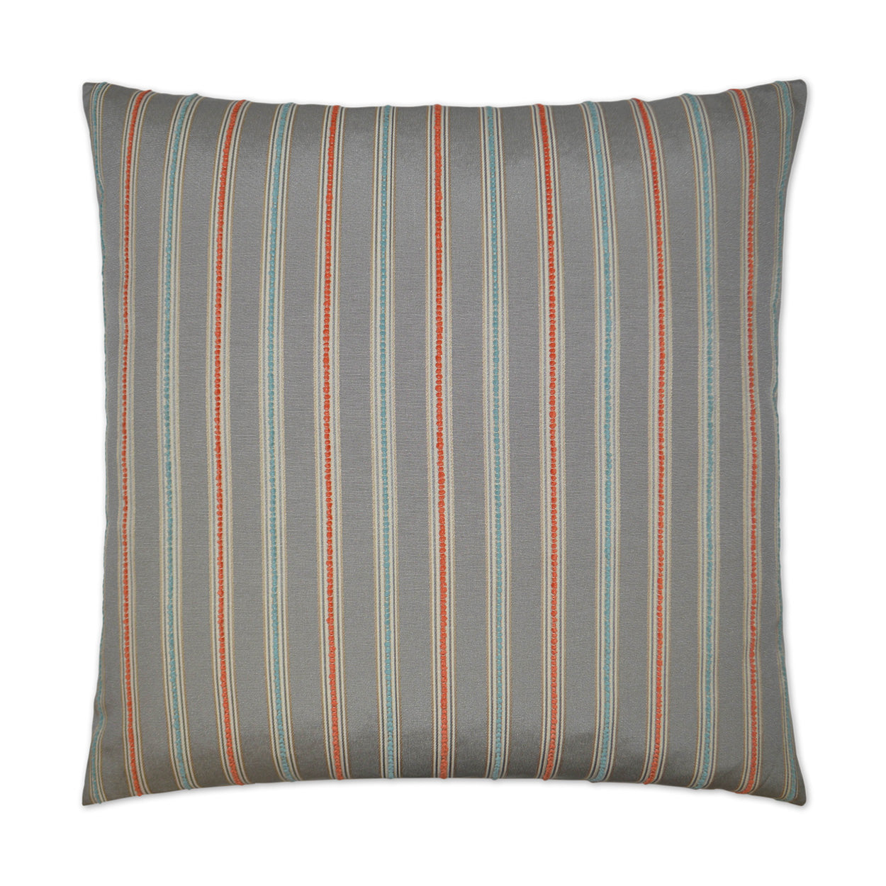 Square throw pillow with blue-gray base and vertical orange, tan and white stripes.
