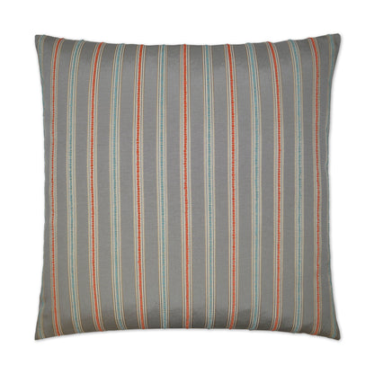 Square throw pillow with blue-gray base and vertical orange, tan and white stripes.
