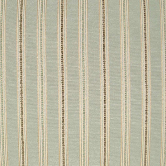 Light blue woven fabric with vertical beige and brown stripes; versatile upholstery or drapery material.