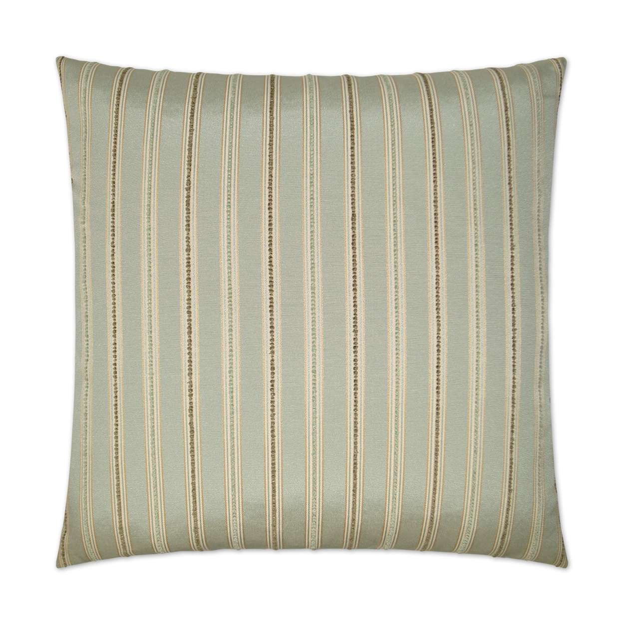 Square decorative throw pillow in mint with beige-brown stripes; soft fabric accent for sofa.