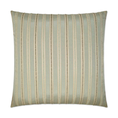 Square decorative throw pillow in mint with beige-brown stripes; soft fabric accent for sofa.