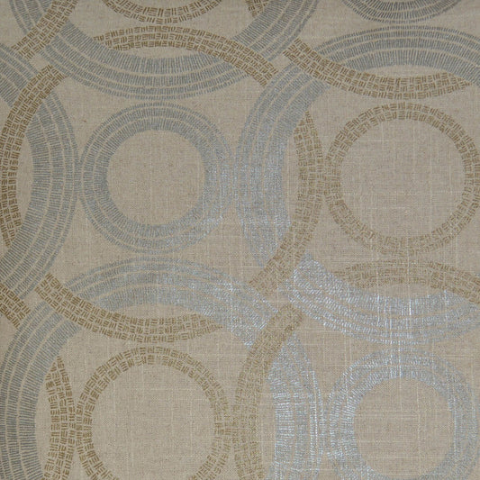 Beige fabric with overlapping circular ring motifs in pale blue & taupe, woven linen texture.