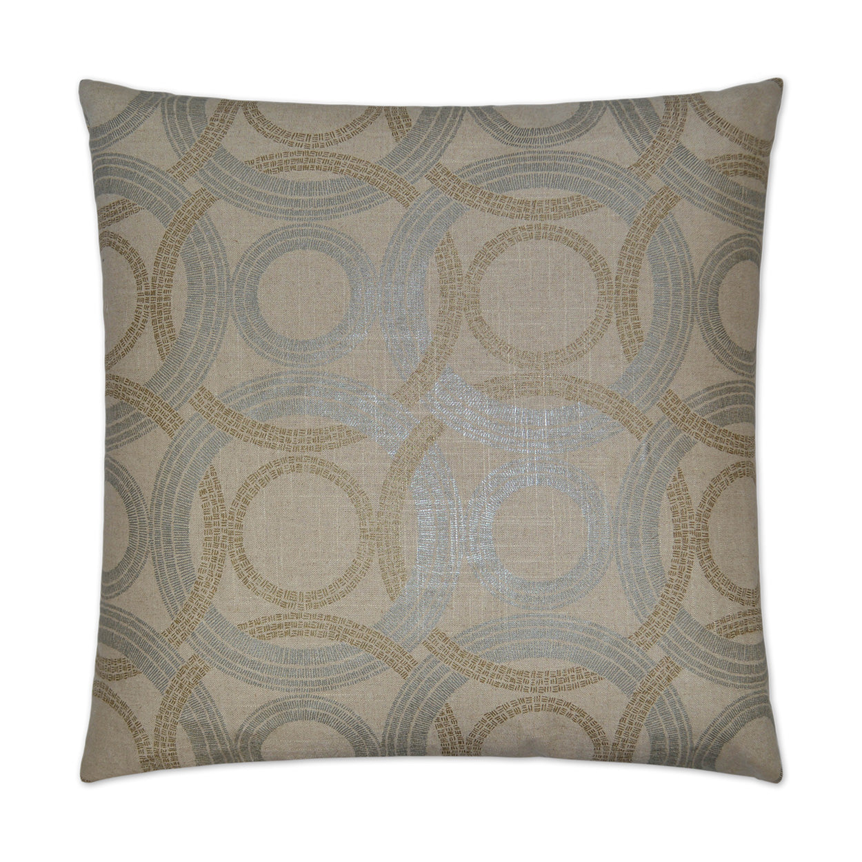 Square decorative pillow with overlapping circular ring pattern in taupe and gray on beige textured fabric
