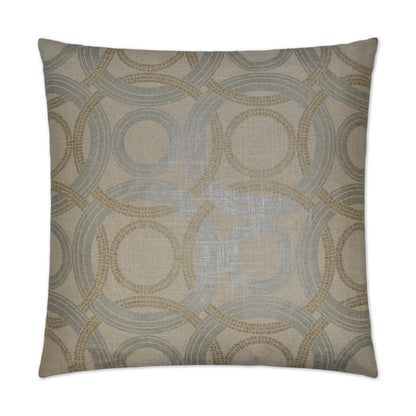 Square decorative pillow with overlapping circular ring pattern in taupe and gray on beige textured fabric