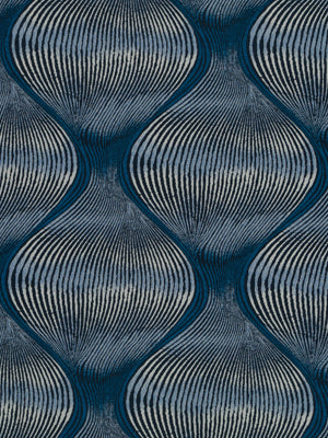 Deep blue textile with cream striped teardrop wave pattern; repeating geometric fabric design