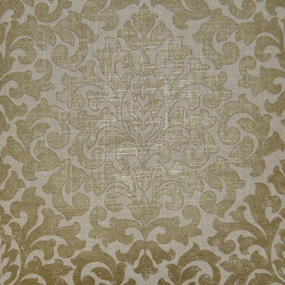 Beige pillow with a gold damask scroll motif on linen-like fabric, 24" x 24