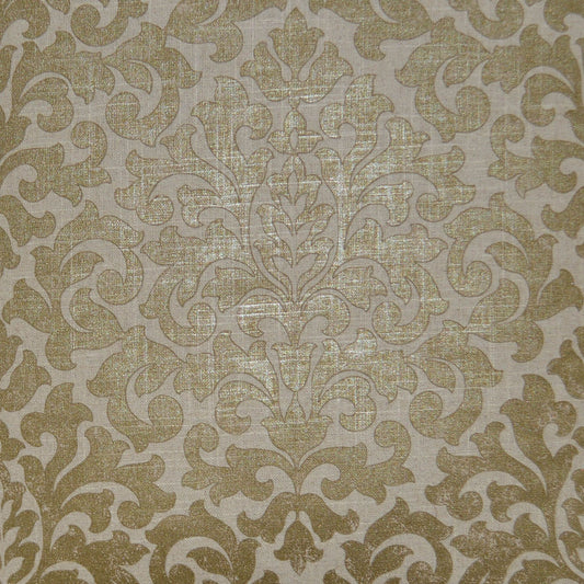 Beige damask fabric with gold ornate floral scroll pattern.