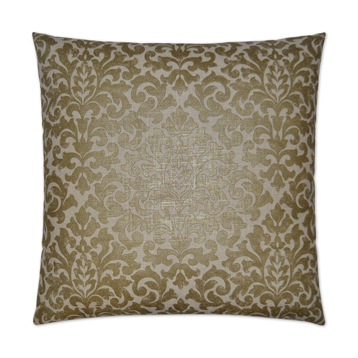 Square decorative pillow with gold damask pattern on beige fabric; elegant throw cushion for sofa or bed.