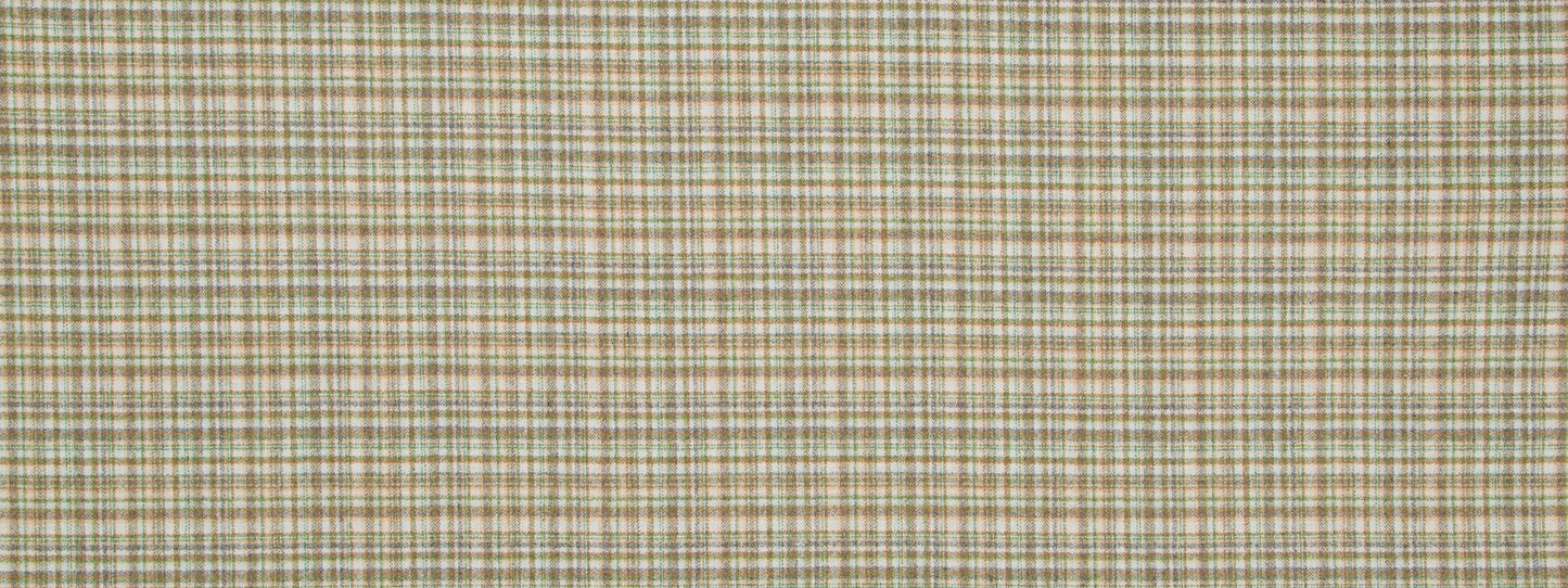 Beige plaid fabric with tan, brown and light blue lines; woven textile for upholstery or crafts.