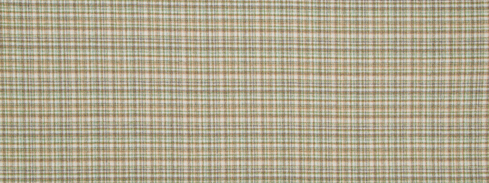 Beige plaid fabric with tan, brown and light blue lines; woven textile for upholstery or crafts.