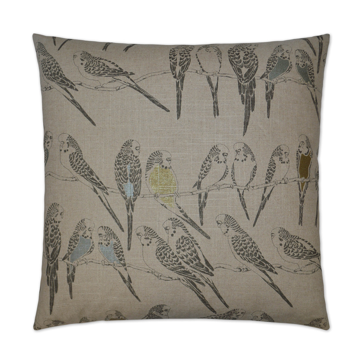 Beige linen cushion with illustrated parakeets perched on branches in blue, yellow & brown.