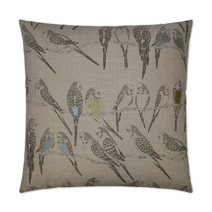 Beige linen cushion with illustrated parakeets perched on branches in blue, yellow & brown.
