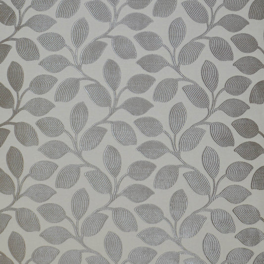 Light gray fabric with a repeating botanical pattern of slender leaves on branches in soft neutral tones.