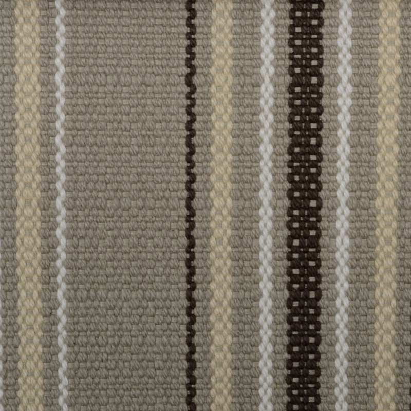 Close-up of striped woven fabric in beige, taupe, gray and brown with textured loop pile and alternating stripe widths.