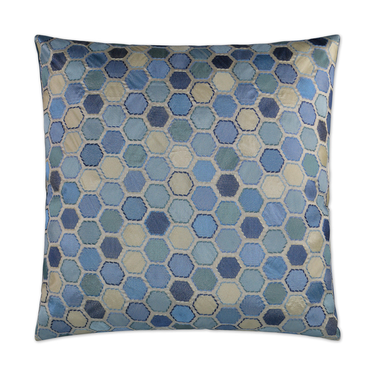 Blue hexagon mosaic decorative pillow in navy, sky & sand tones; soft cushion for sofa.