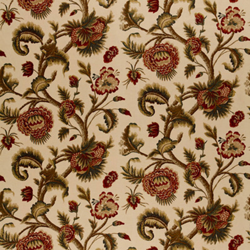 Beige damask floral fabric with burgundy-red blooms and olive-green vines.