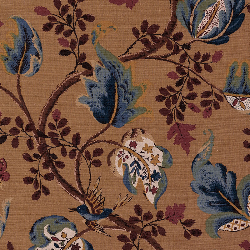 Brown upholstery fabric with blue, teal and burgundy floral vines and leaves in a vintage botanical pattern.