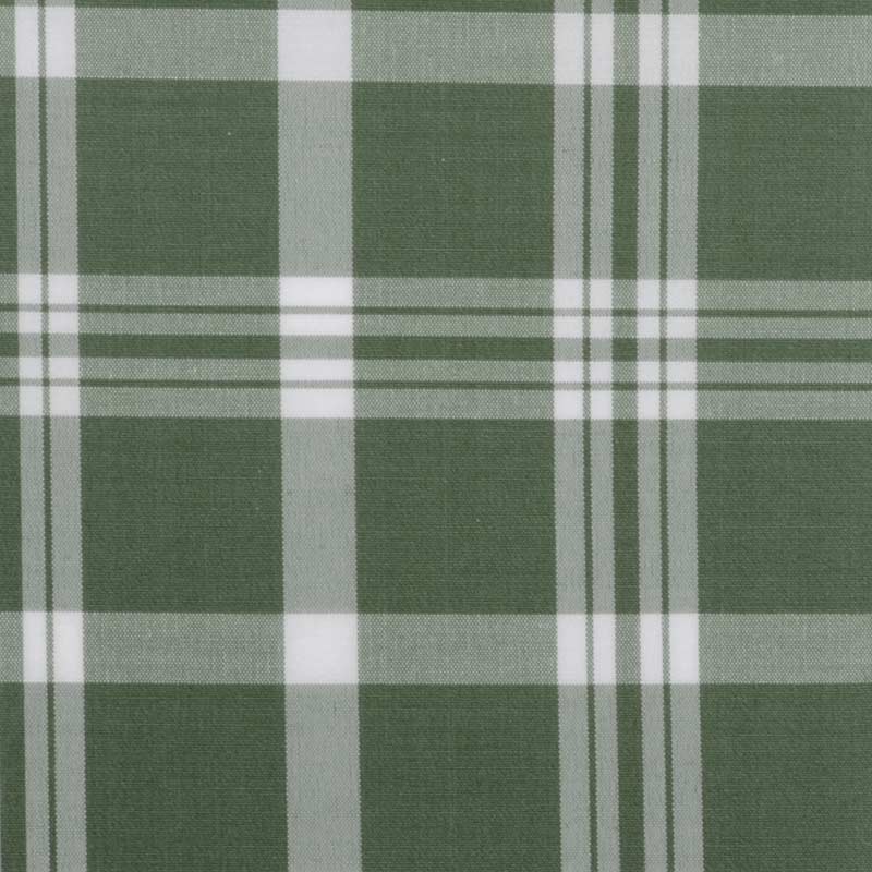 Green plaid upholstery fabric with white and light green stripes in a classic check pattern.