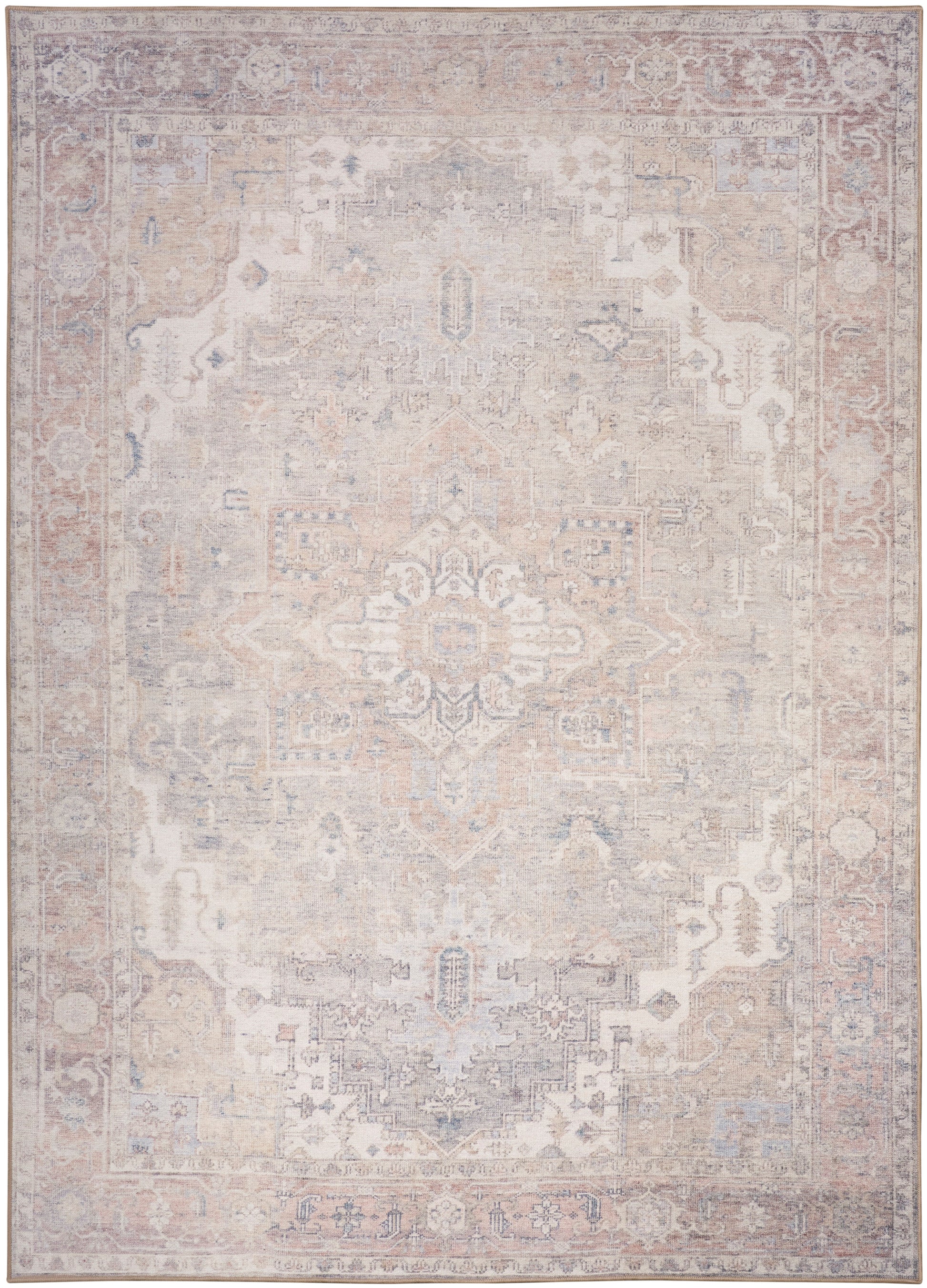 Rectangular distressed vintage rug in ivory, blush and pale blue-gray with a Persian-inspired central medallion.