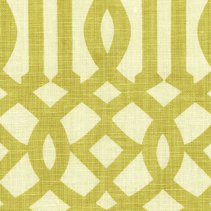 Gold lattice trellis pattern on cream textured fabric-look background; geometric upholstery/wallpaper style.