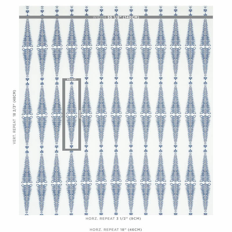 Blue and white wallpaper with repeated fern-like vertical motifs; modern botanical wall decor.