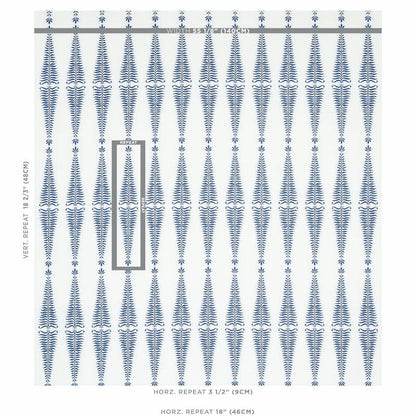 Blue and white wallpaper with repeated fern-like vertical motifs; modern botanical wall decor.