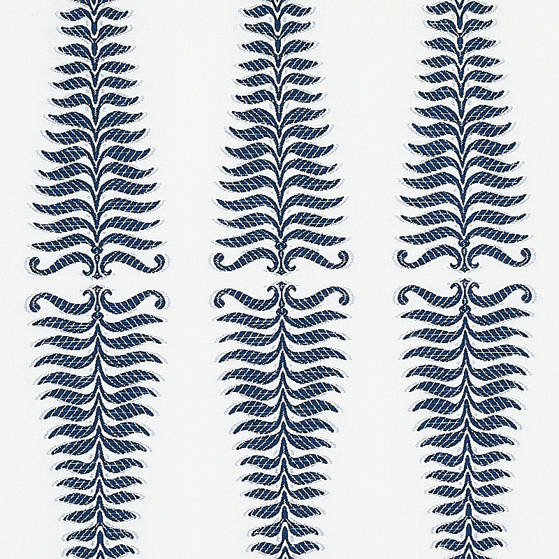 Blue fern leaf pattern in vertical repeats; decorative textile/wallpaper print.