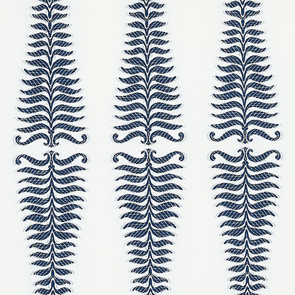 Blue fern leaf pattern in vertical repeats; decorative textile/wallpaper print.