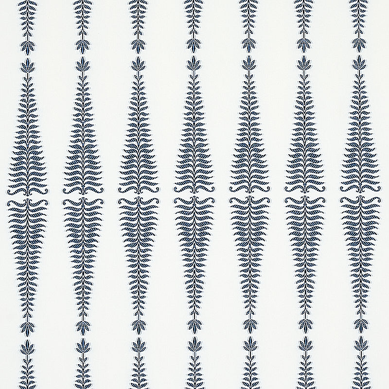 Navy blue fern leaf stripe pattern against white backdrop, vertically aligned repeating botanical motif.