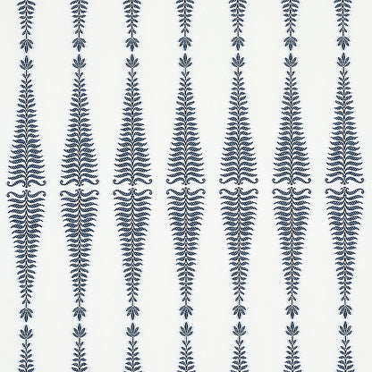 Navy blue fern leaf stripe pattern against white backdrop, vertically aligned repeating botanical motif.