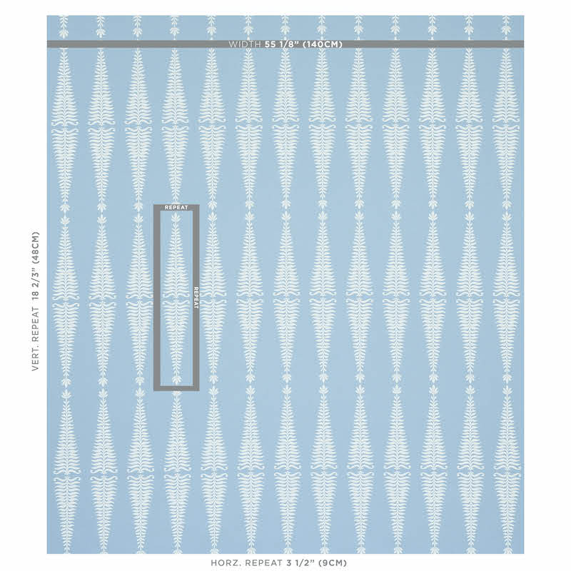 Blue and white geometric wallpaper with slender fern-like vertical motifs in a repeating pattern.