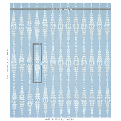 Blue and white geometric wallpaper with slender fern-like vertical motifs in a repeating pattern.