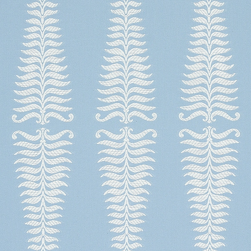Light blue background with vertical white fern-like scroll motifs and ornate repeating pattern for wallpaper or fabric.