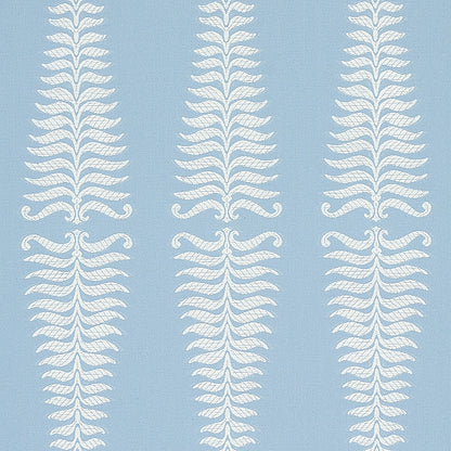 Light blue background with vertical white fern-like scroll motifs and ornate repeating pattern for wallpaper or fabric.