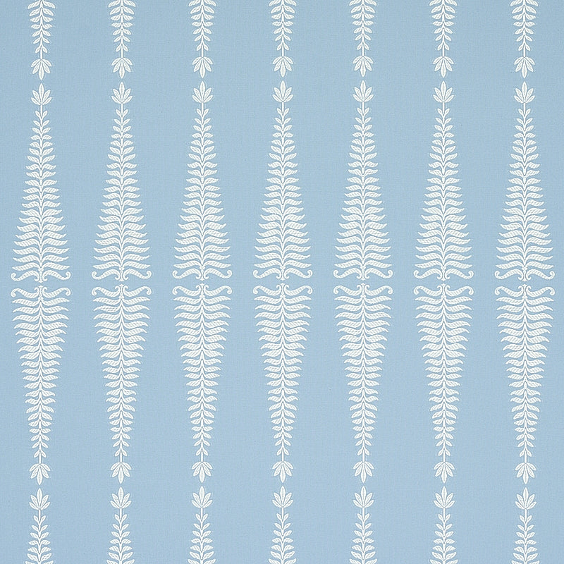 Light blue wallpaper with vertical white fern-like motifs in a repeating pattern.