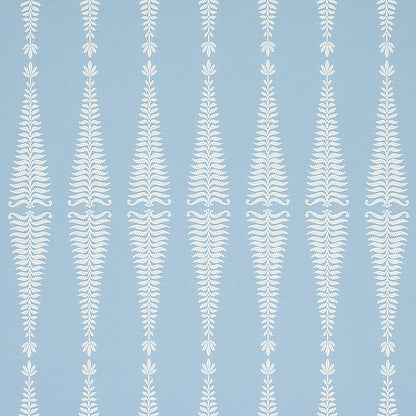 Light blue wallpaper with vertical white fern-like motifs in a repeating pattern.