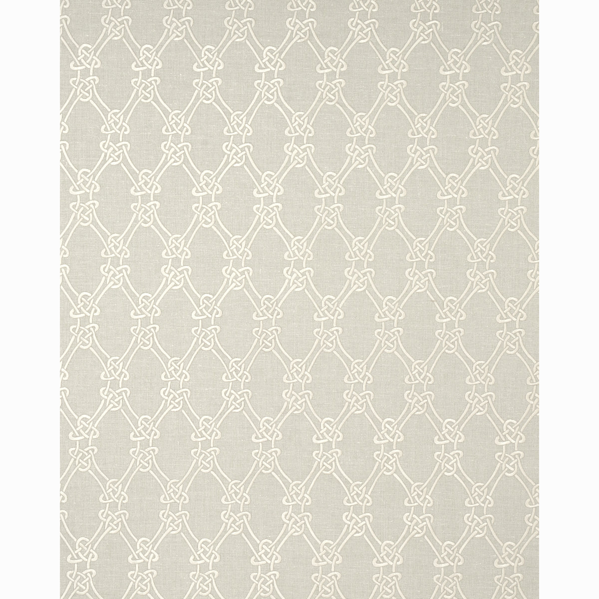 Beige interlocking knot lattice on light taupe fabric texture; decorative textile/wallpaper pattern.