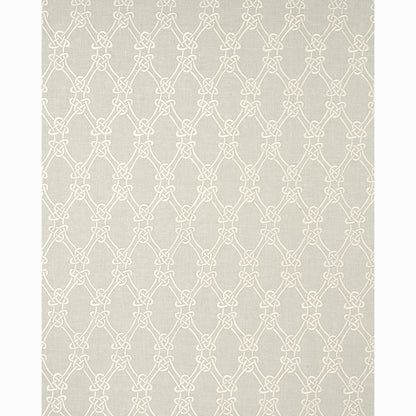 Beige interlocking knot lattice on light taupe fabric texture; decorative textile/wallpaper pattern.