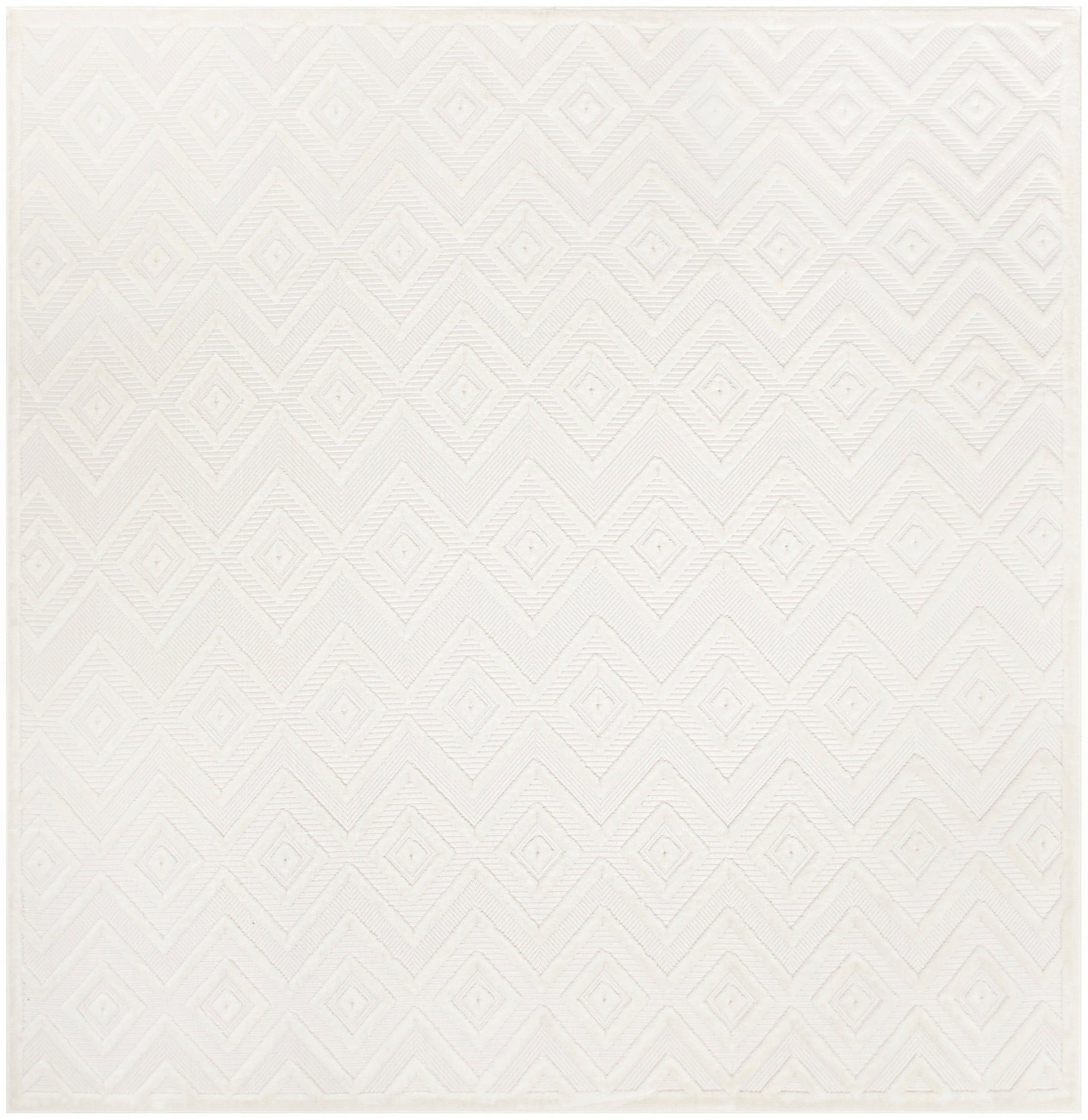 Cream rug with subtle embossed diamond geometric pattern in ivory tones; textured, soft and decorative.
